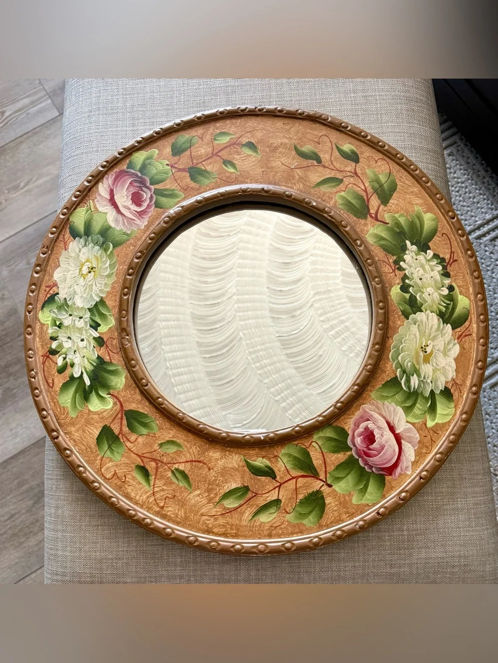 Vintage Hand-Painted Floral Round Wood Wall Mirror